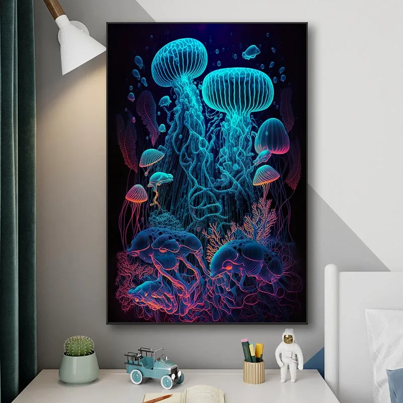 

Colorful Jellyfish Poster Ocean Art Lover Sea Life Canvas Painting Jellyfish Art Bioluminescent Trippy Wall Art Room Home Decor