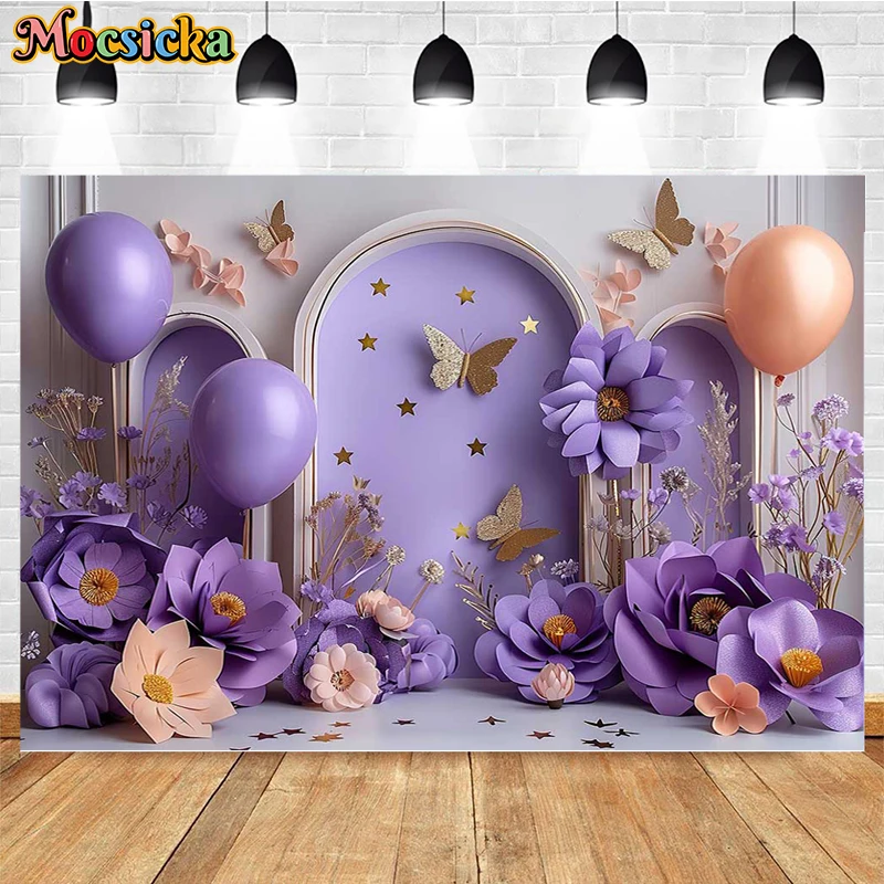 Mocsicka Tło fotograficzne Fioletowy kwiatowy motyl Balon Dziewczyna Tort urodzinowy Smash Portret Wystrój Tło Studio fotograficzne