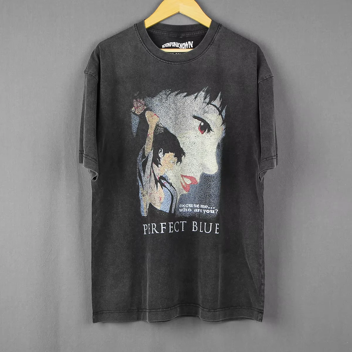 Black Vintage Split Anime Portrait Graphic Tee Faded Retro Bottom Movie Word Chest Oversized Unisex Tops