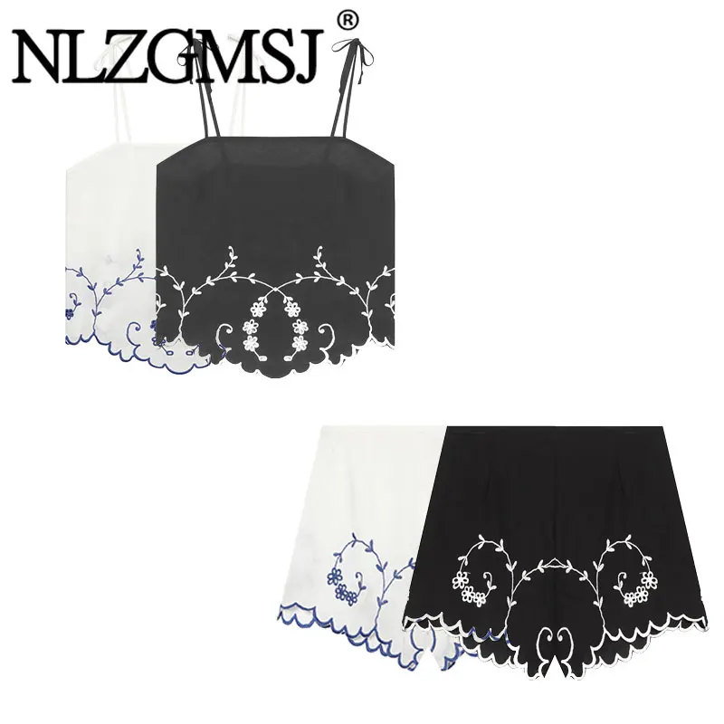 Nlzgmsj 2026 Summer Women  2 Piece Embroidered Outfit Spaghetti Strap Cami Top Scalloped Hem Shorts  Co Ord Vacation Set