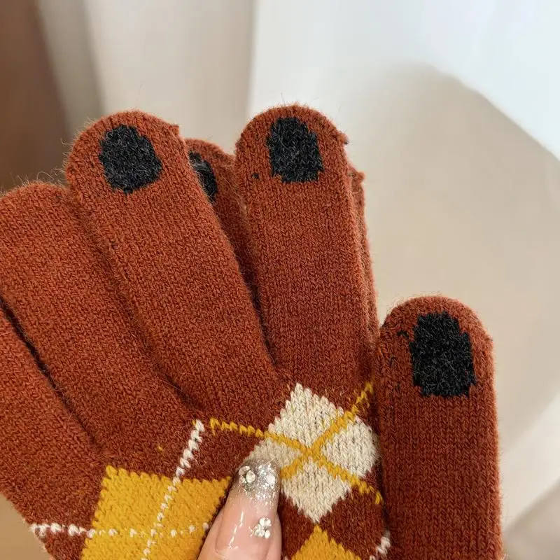 1Pair Touch Screen Plus Thick Plaid Gloves Winter Adult Male and Female Students Split Finger Riding To Keep Warm Cute Couple