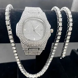 Montre de luxe glacée pour hommes et femmes, 3 pièces, ensemble de bijoux scintillants, chaîne de Tennis, Bracelet, collier, calendrier