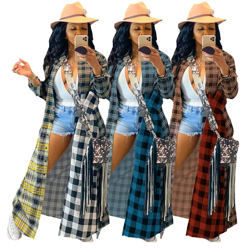 Casual Colorful Plaid Patchwork Long Shirt Coat 2023 Autumn and Winter New Fashion Turn-down Collar Single Breasted Cardigan