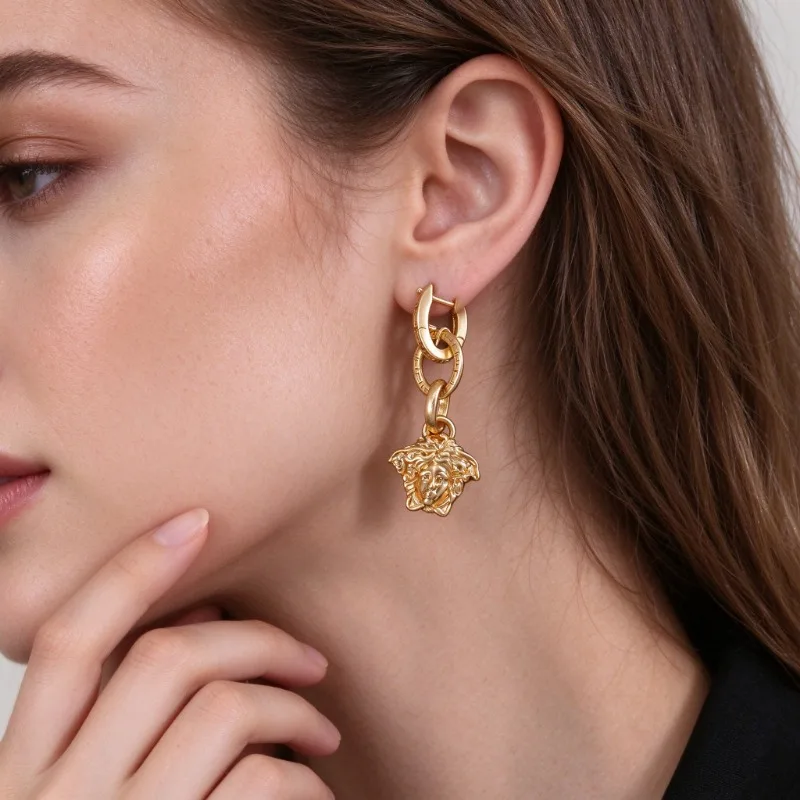 Baroque Style Relief Portrait Ear Studs, Vintage Greek Geometric Pattern Metal Earrings, Luxury Statement Jewelry for Evening Party, Daily Matching Ear Decor, Hypoallergenic Brass Material, Gold Silver Two Tone Available