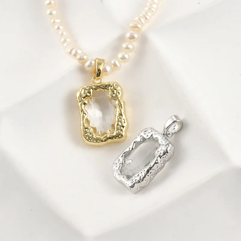 Copper-plated 18k Real Gold Color Light Luxury Rectangular Crystal Pendant DIY Handmade Necklace Pendant Accessories Material