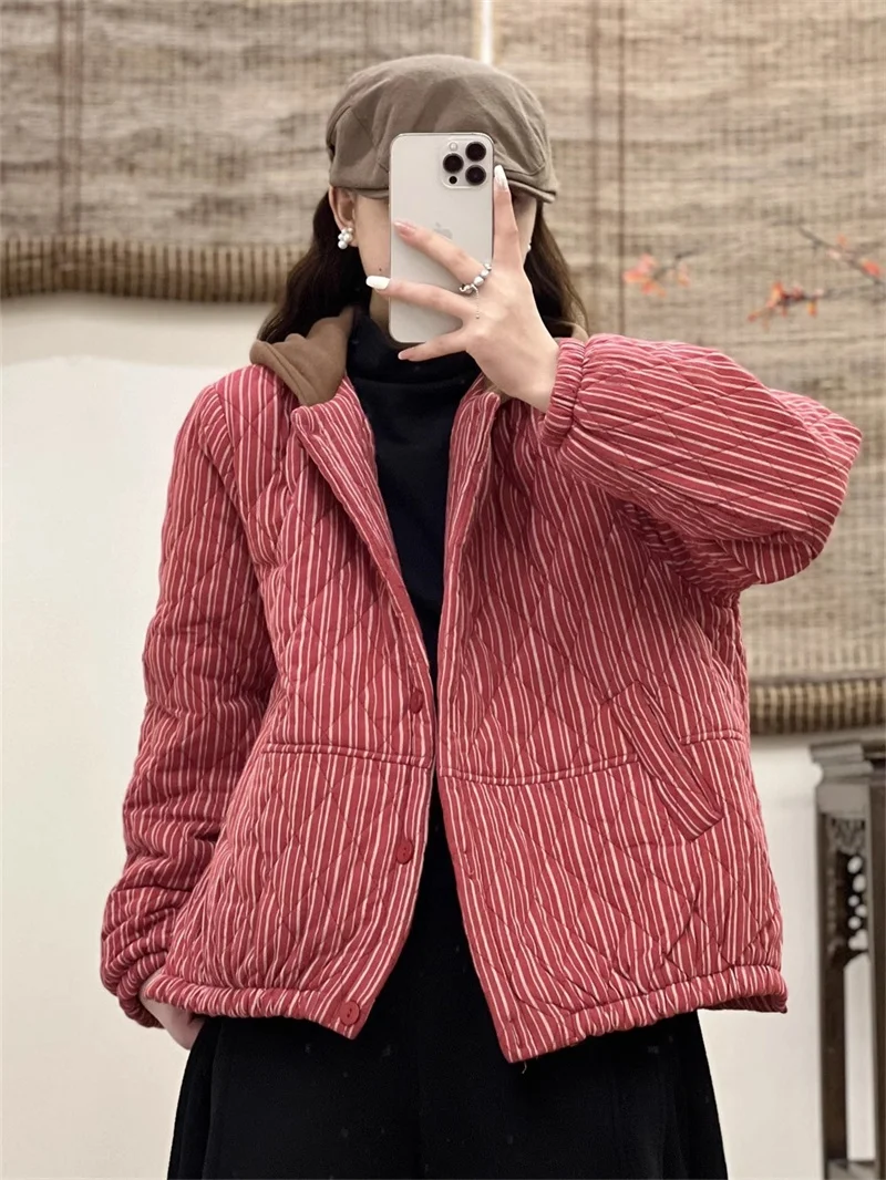 Winter Vintage Style Cotton Linen Stripe Quilted Jacket Thickened Hooded  Women\'s Loose Large Size Warm Plaid Cotton Coat Z3961