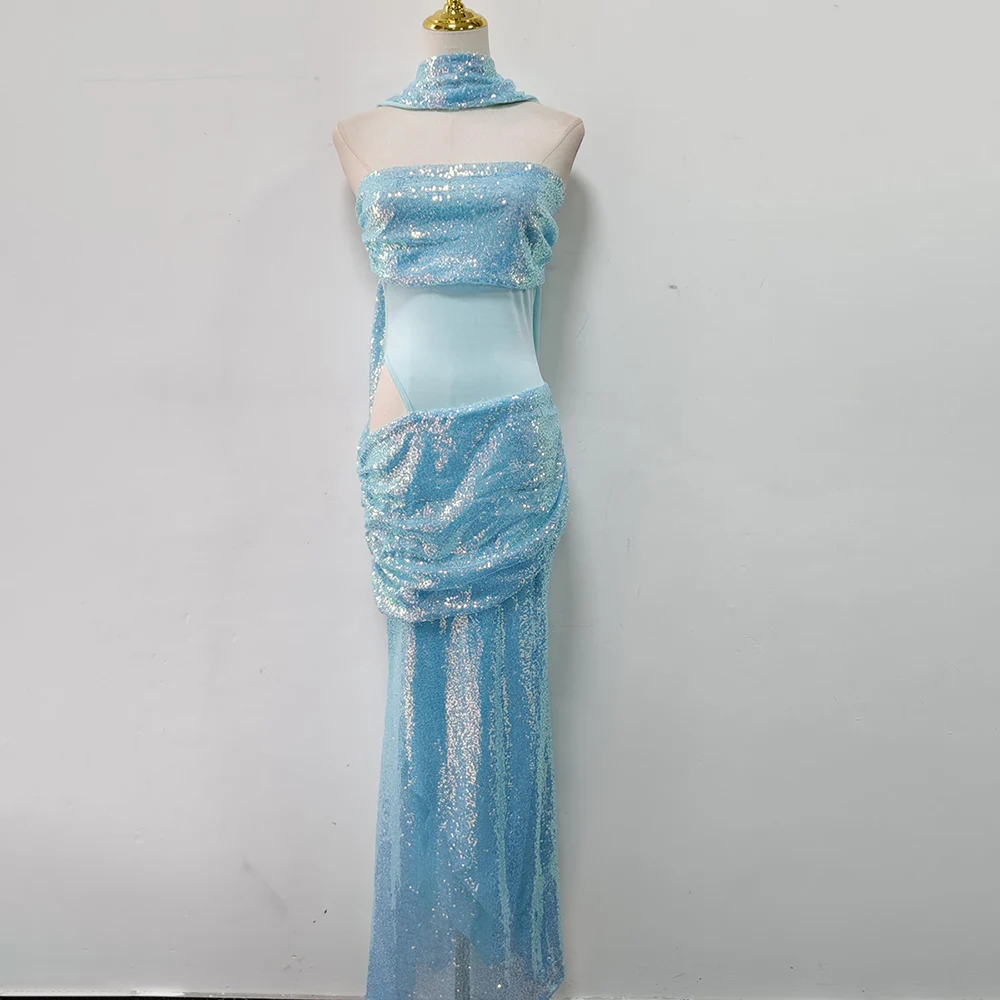 TWOTWINSTYLE, vestido de encaje empalmado de malla transparente para mujer, sin tirantes, sin mangas, cintura alta, vestido de fiesta con lentejuelas calado para mujer