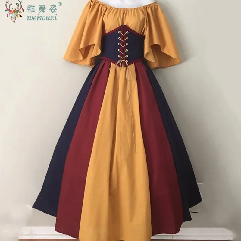 

European Medieval Retro Contrasting Color Slim-fitting Skirt Flying Sleeves Big Swing Skirt One-word Shoulder Dress Female Cos
