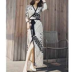 Spring Summer New V-neck Long Sleeve Fashion Maxi Dress Women High Street Casual Lacing Dresses Elegant Printing Chic Vestidos