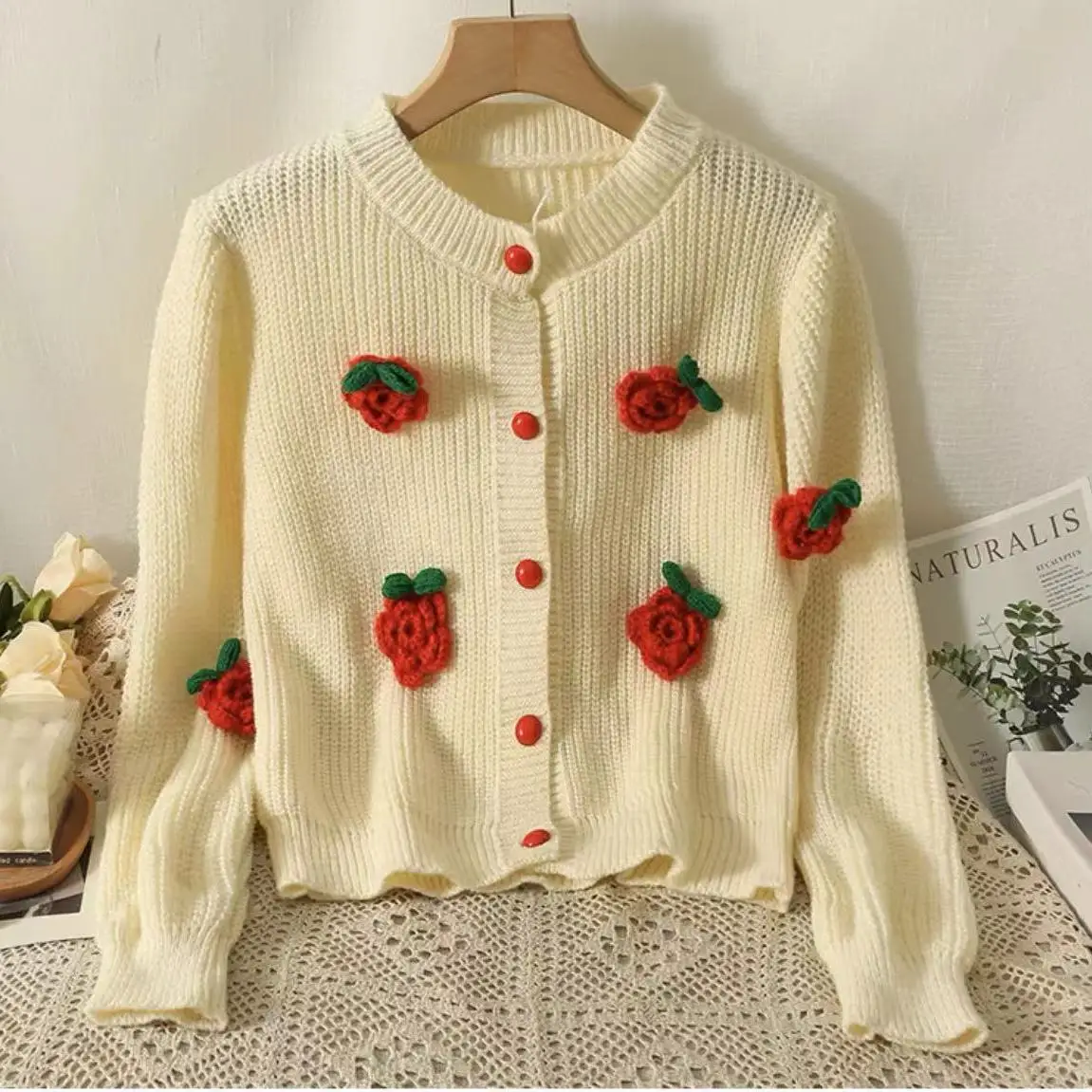 Spring Women's Knitted Cardigan Flower Sweater Girl's Top Coat Short Sweater Women Clothing Long Sleeve Top Oversized Sweate