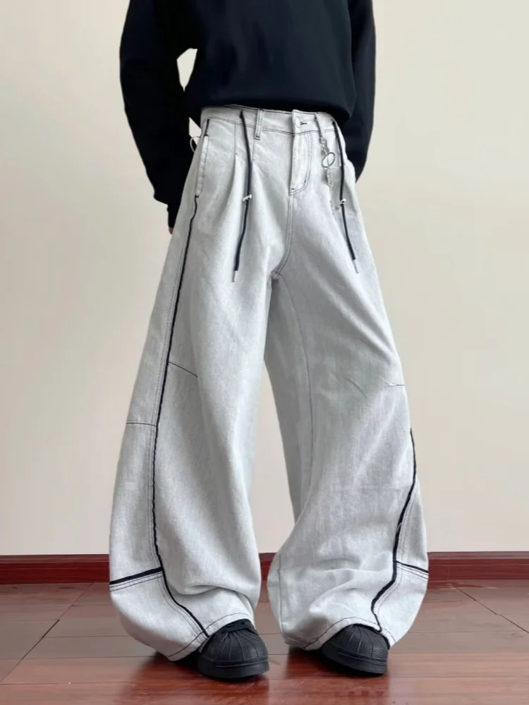 

2025 Ropa Y2K модные потертые серые лоскутные мешковатые джинсы, брюки для мужчин, одежда, плиссированные широкие брюки, повседневные длинные брюки Moda Hombre