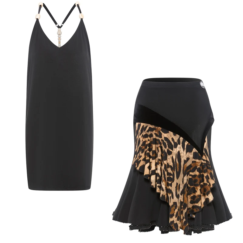 2025 DUYQ セクシーバックレス トップ レオパード柄スカート スリット入りスーツ チャチャ ルンバ タンゴ ドレス ラテンパフォーマンスコスチューム レディース DN21458