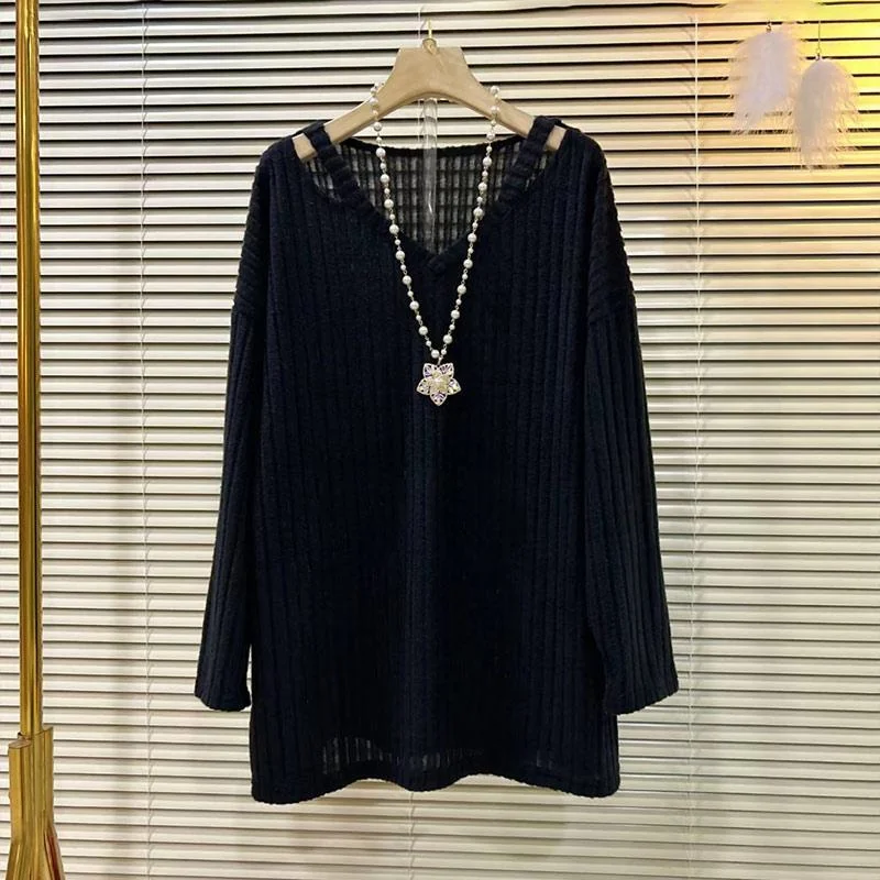 

plus Size Women's Long Sleeve V-Neck Hollow out Top Autumn Winter Casual Loose Fit Knitwear Large Size Fashionable Base Layer