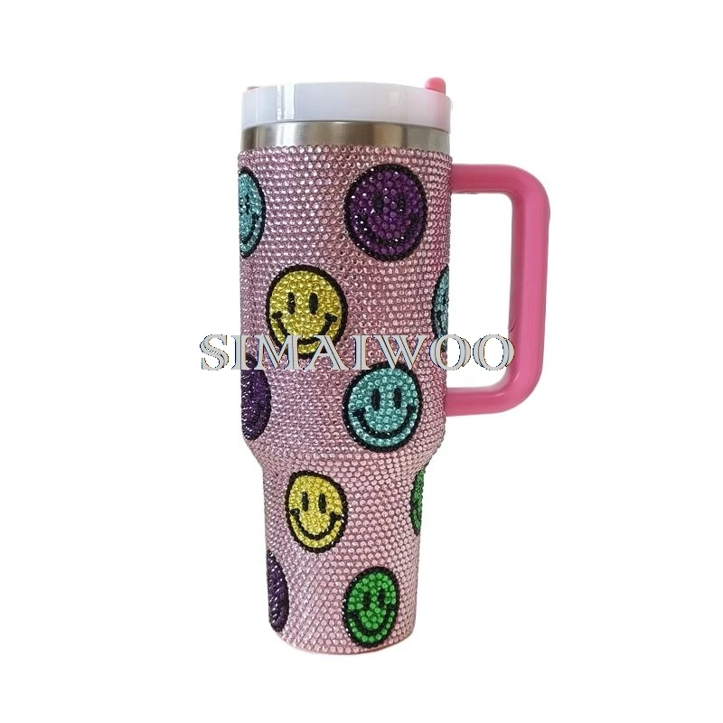 

Rhinestone Smile FaceTumbler Shiny Vaccum Steel Stainless Bottle Thermal Insulation Kettle Coffee Mug Bling-bling Handcraft Gift