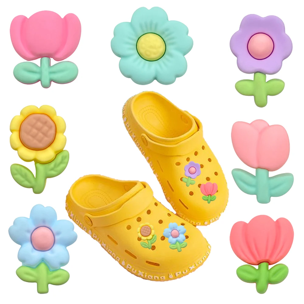 New 7pcs Fashion Flower Tulip Sunflower Series PVC Shoe Charms Accessories DIY Detachable Shoe Decorations Creativity Gifts