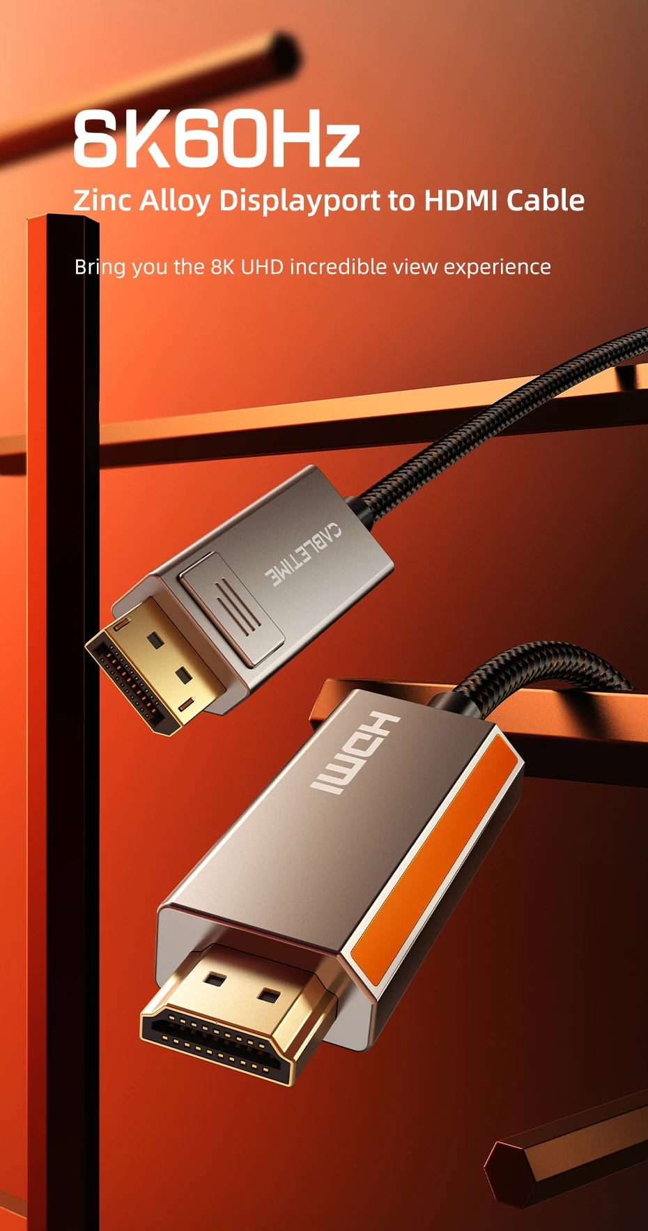 CABLETIME Displayport-zu-HDMI-Kabel 8K 60 Hz 4K Zinklegierung HDR 10 für Desktop-TV-Monitor LG Dell Snap DP1.4 HDMI 2.1-Kabel – Detail 2