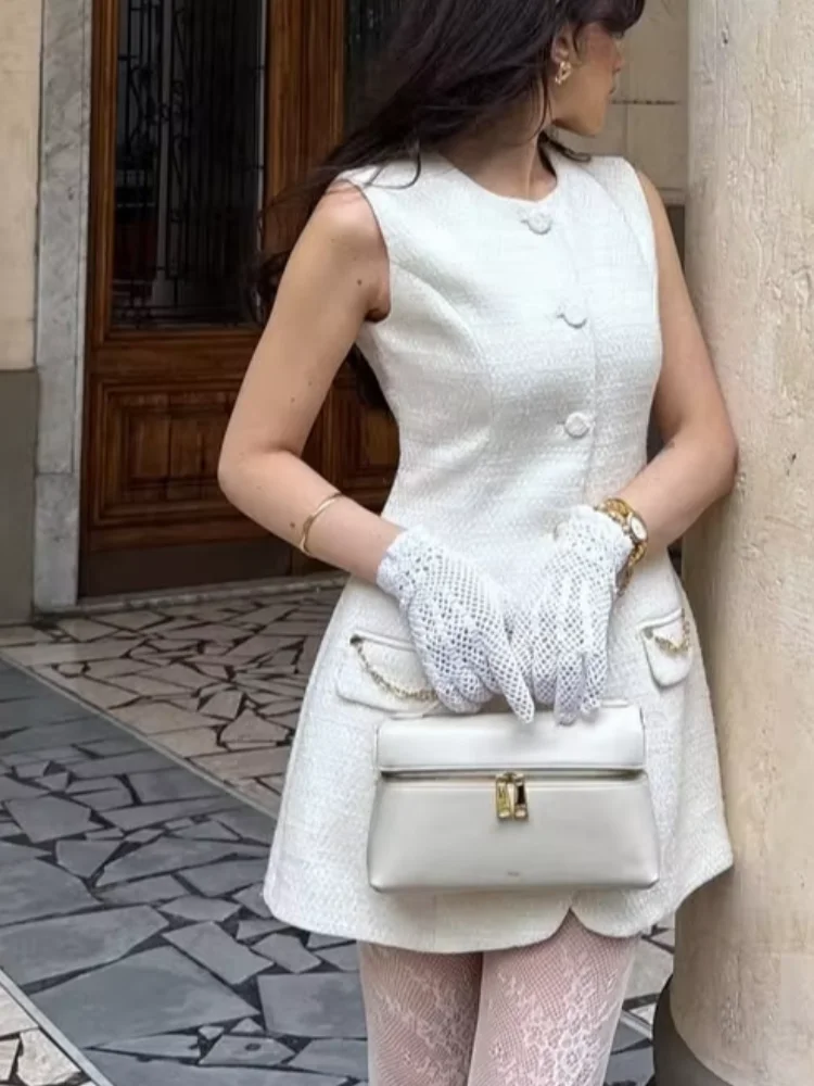 فستان أنيق بخصر من التويد للنساء بدون أكمام ورقبة مستديرة وصدر واحد على شكل حرف a فساتين نسائية جديدة يومية غير رسمية #4