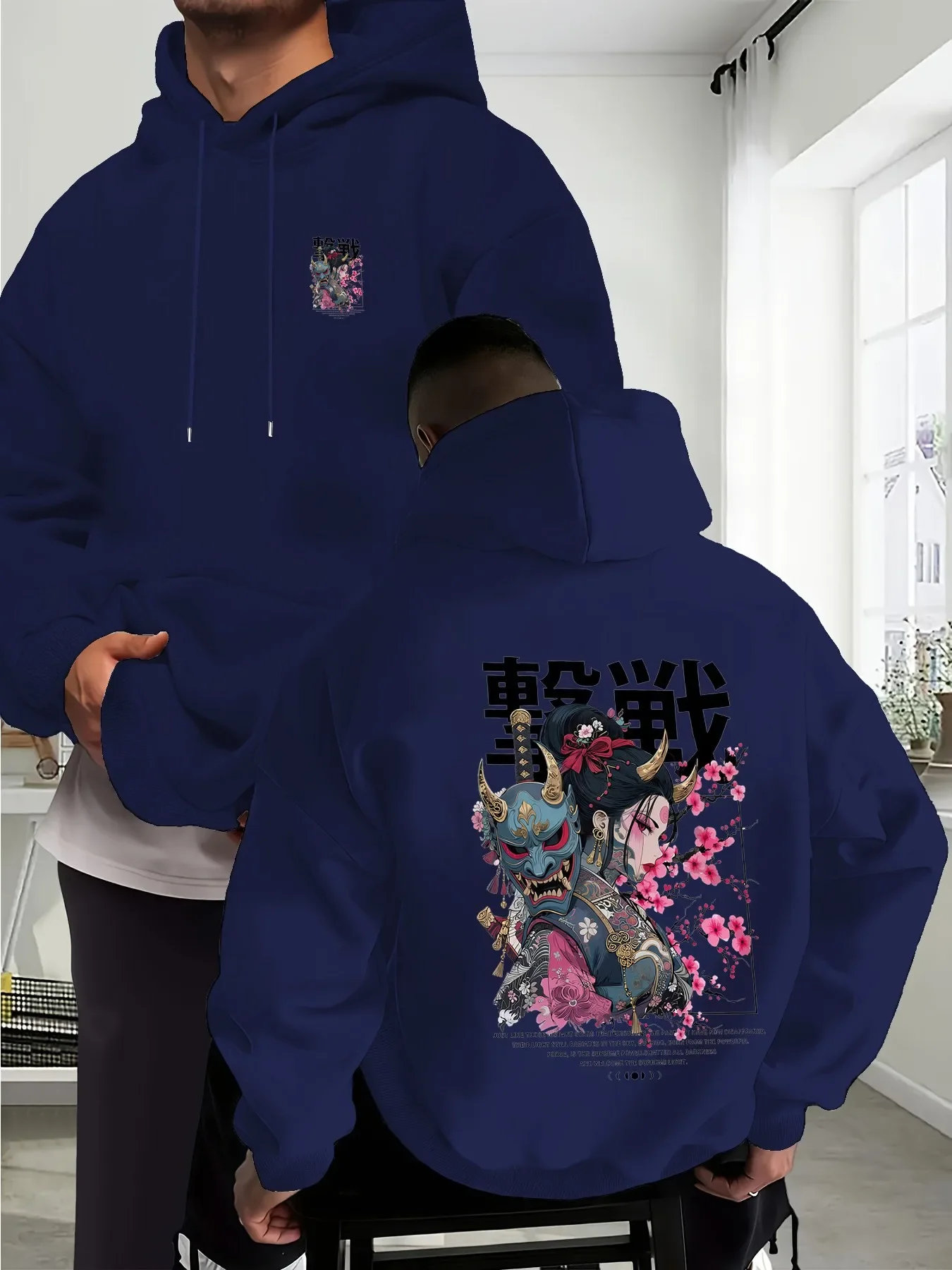 Y2K Streetwear Racing Insect Graphic Hoodie Retro Japan Style Samurai Mask Cherry Blossom Sweatshirt Loose Fleece Hoodie