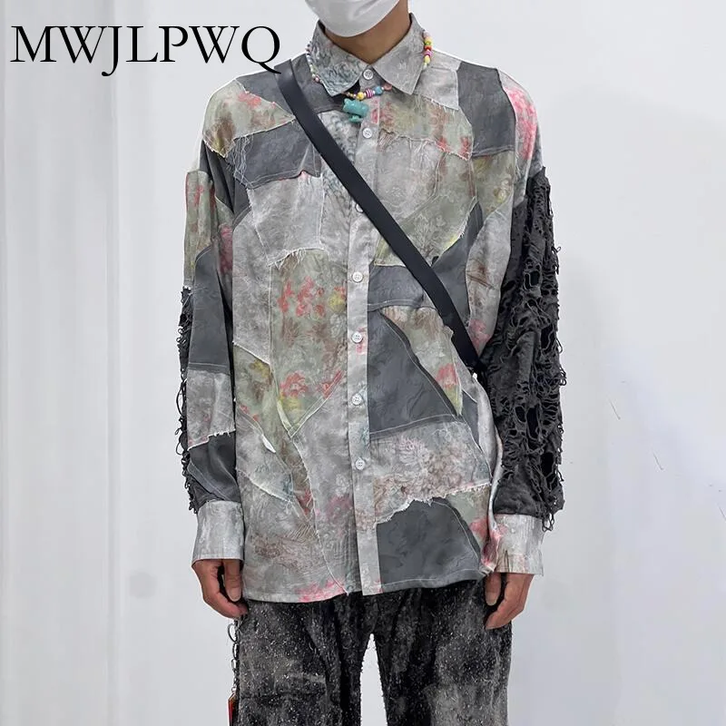 

MWJLPWQ Spliced Patch Rough Edge Design Shirt Men 2025 New Floral Print Clothes High Street Long Sleeve Loose Casual Tops 010974
