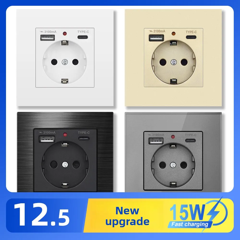 

Экспортная настенная розетка европейского стандарта 86 типа, розетка 16 А в немецком стиле с быстрой зарядкой USB Type-C (15 Вт) и зарядными портами 3 А