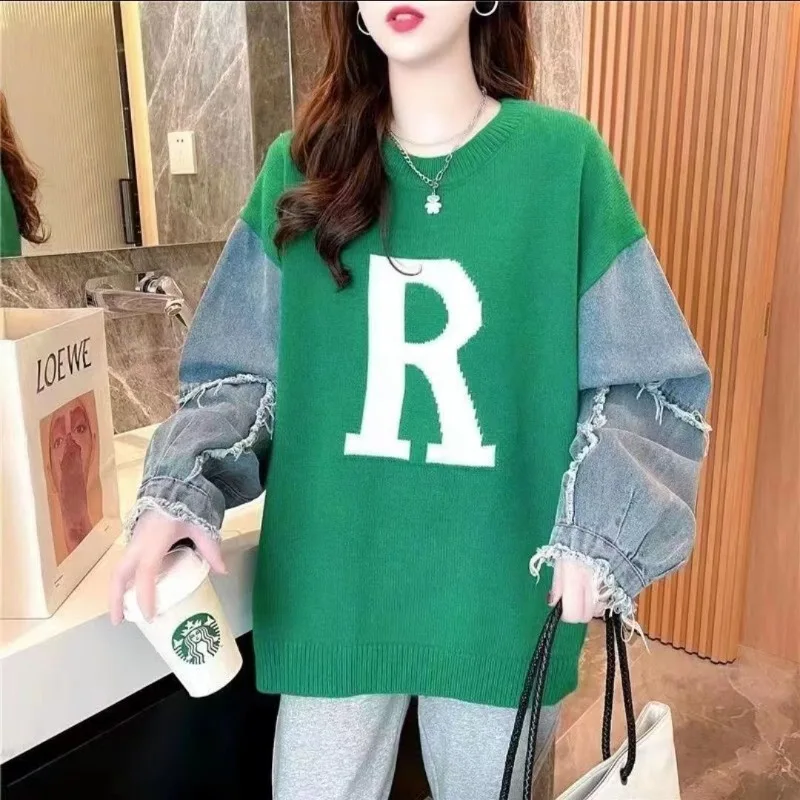 Loose Sweater Denim Stitching Korean Style Ins Lazy Style Knitted Bottoming Shirt Top