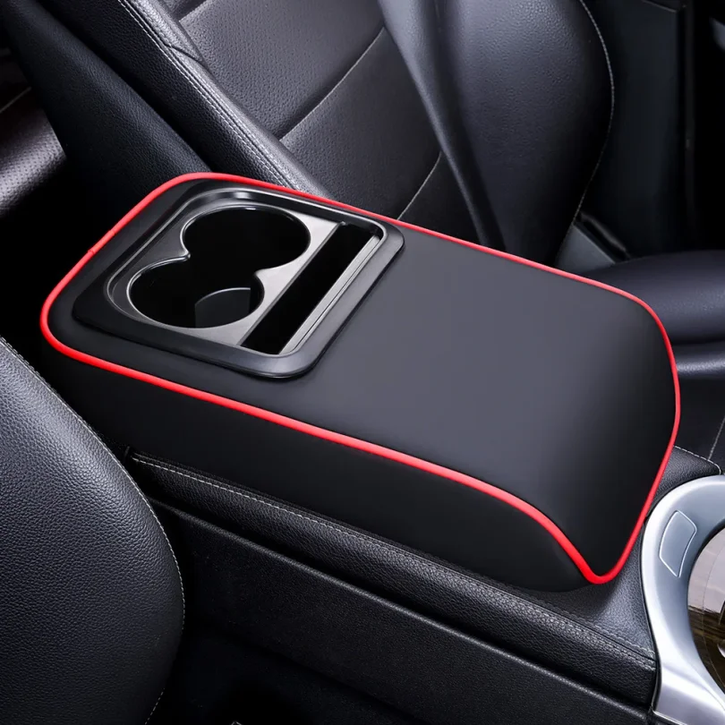 Auto Center Console Armrest Cushion With 2 Cup Holder PU Leather Armrest Pad Portable Car Amrest Pillow Cover Height Pad