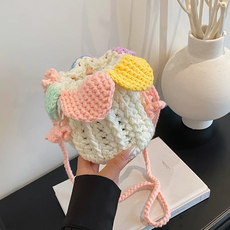 

Girls Knitted Crossbody Bag Flower String Bucket Coin Purse Fashionable Girls Small Bag