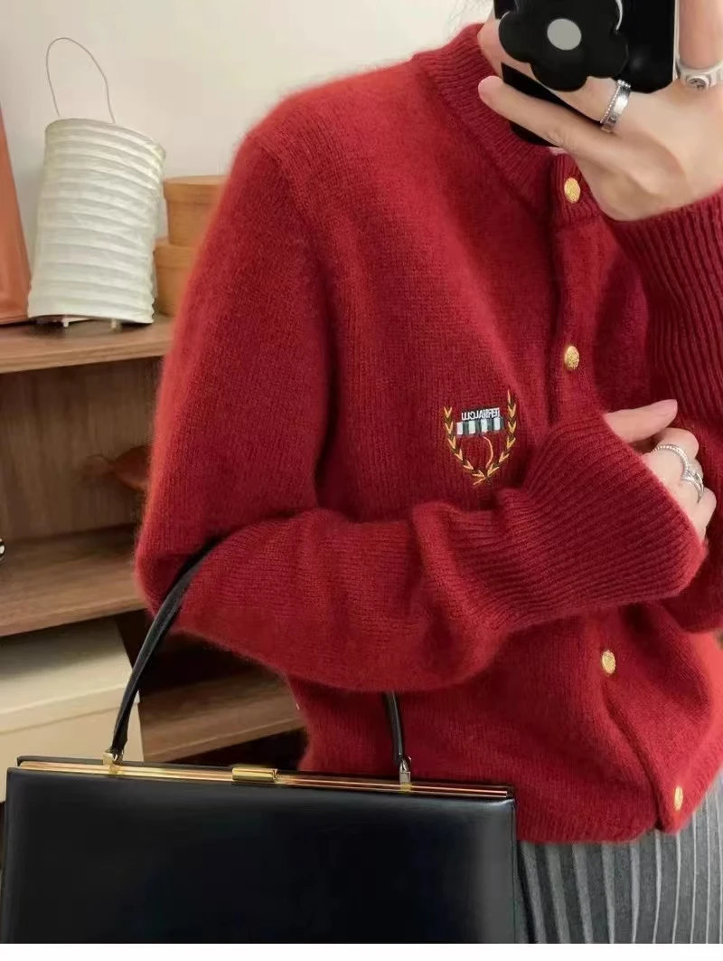 Exquisite New Embroidered Wool Metal Buckle Round Neck Cardigan Sweater Loose Casual Knit Autumn  Winter Single Row Top Jacket