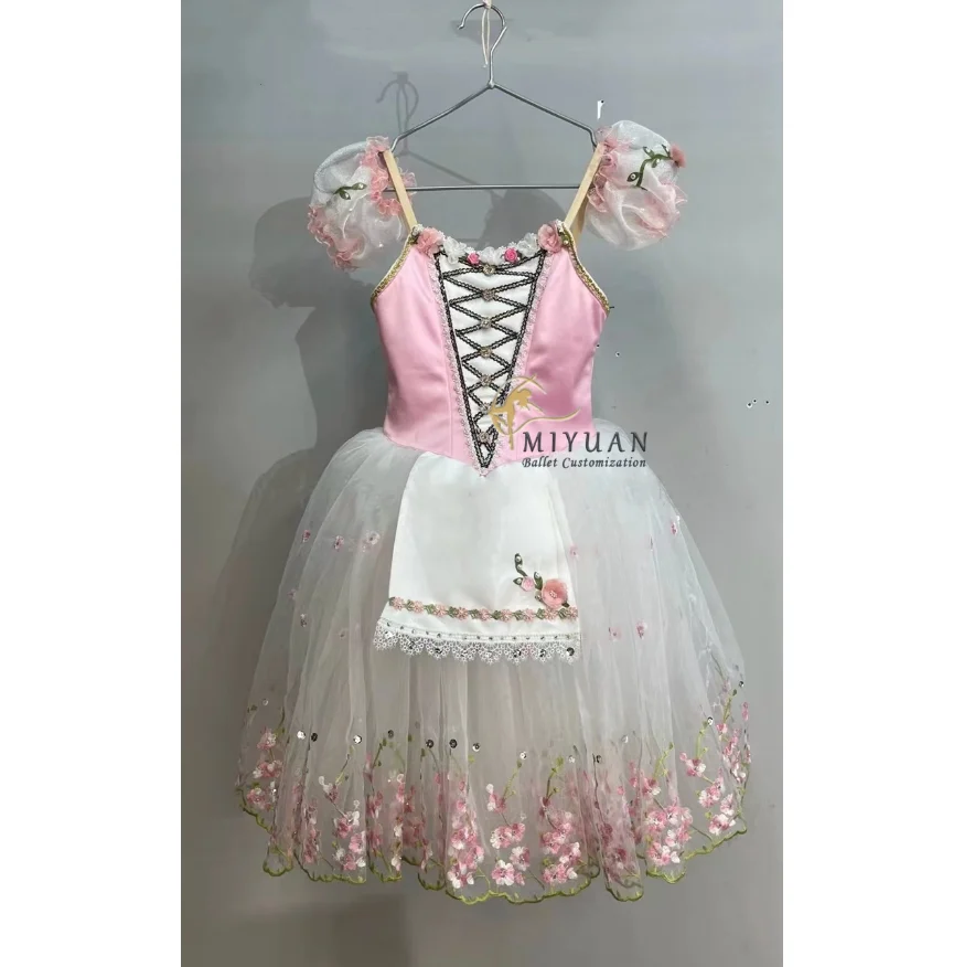 2024 Pink can not shut the daughter variation ballet competition pompadour long gauze dress custom girl costume