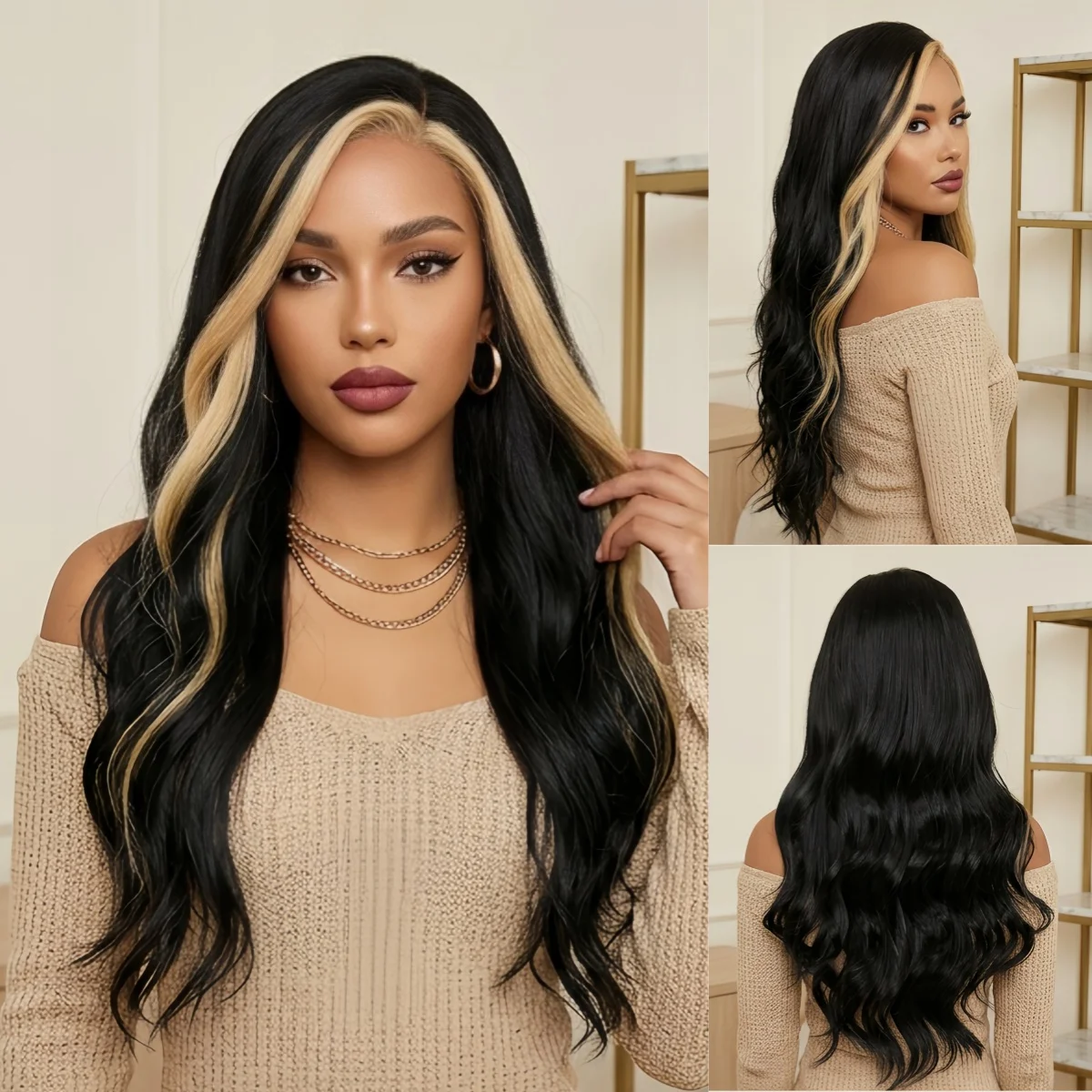 

Lace Front Glueless Wig Pre Cut Black Long Wavy Synthetic Wig Highlight Blonde Tpart For Daily Replace