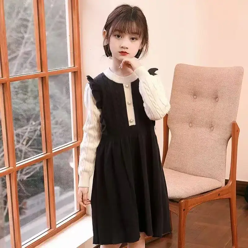 Middle Large Children Autumn Winter New Fashion Lady Sweater Dress Girls Temperament College Style Long-sleeved Knitted Dresses