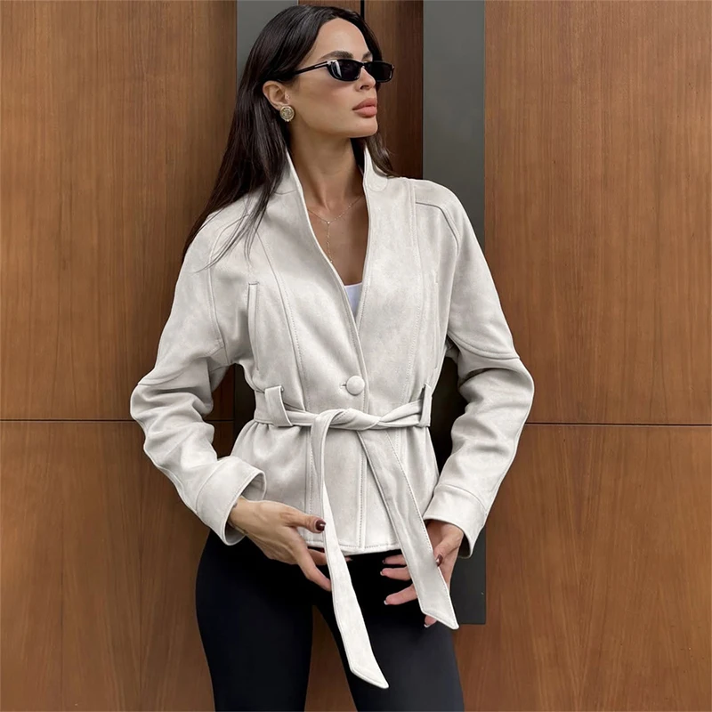 

Tornova Retro Suede Long-sleeved Jacket Coat Female V neck Lace Up Jacket 2025 Autumn Winter New Commute Office Lady Outerwear