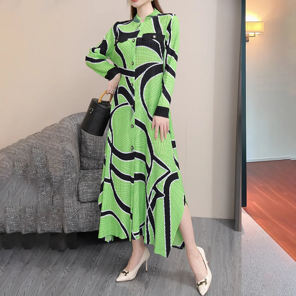 

Miyake new spring and autumn pleated geometric print pattern dress pleated fashion temperament casual cardigan dress