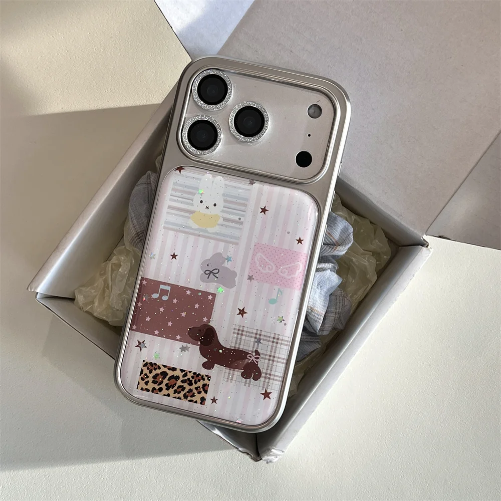 Funda de teléfono coreana con purpurina de conejo y cachorro de dibujos animados para iPhone 15, 13, 14, 16 Max 17 Pro, Fundas de galvanoplastia a la moda