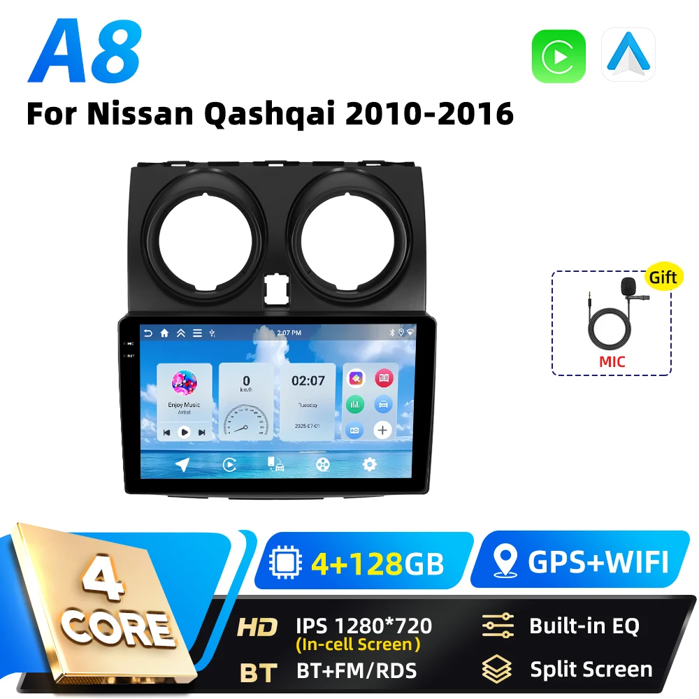 Podofo 8+128G Carplay 2DIN Android Auto Multimedia Speler voor Nissan Qashqai 2006 2007-2016 Intelligente Systemen GPS WIFI FM RDS