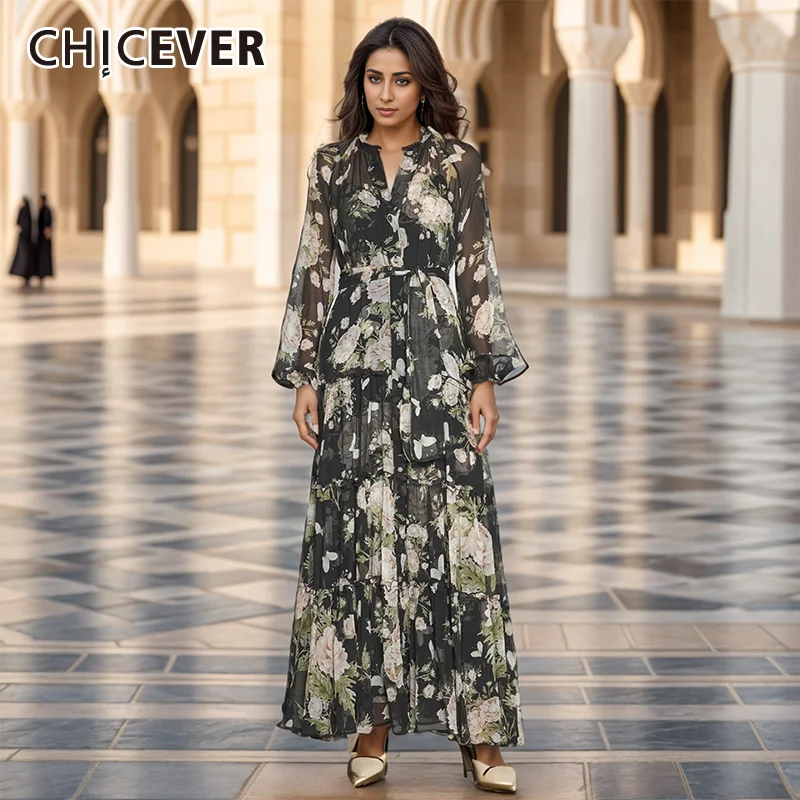 

CHICEVER Floral Print Patchwork Lace Up Dresses For Women Stand Collar Lantern Sleeve High Waist Elegant Long Dress Female New