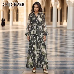 CHICEVER Floral Print Patchwork Lace Up Dresses For Women Stand Collar Lantern Sleeve High Waist Elegant Long Dress Female New