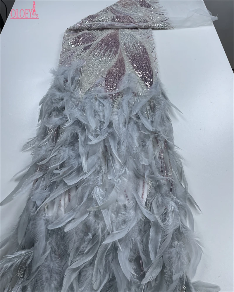 OLOEY African 3D Feather Net Laces High Quality Embroidered Beads Sequins Mesh Fabric for Wedding Party Dress Nigeria