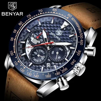 BENYAR Top Brand New Men's Watches Leather Strap Luxury Waterproof Sports Quartz Chronograph Military Watch Men Clock Reloj Hombre