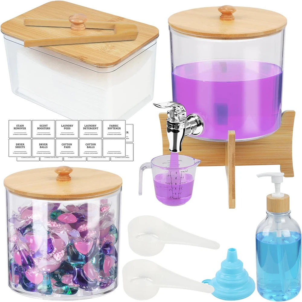 Laundry Pods Storage Container with Labels, Clear Acrylic Laundry Detergent Dispenser, Bathroom Laundry Powder Storage Box