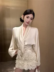 Luxury 3d Flower Silk Satin 2 Piece Sets Ladies Elegant Women Cross Blouse & Bodycon Skirt Suits Evening Birthday Party Outfits