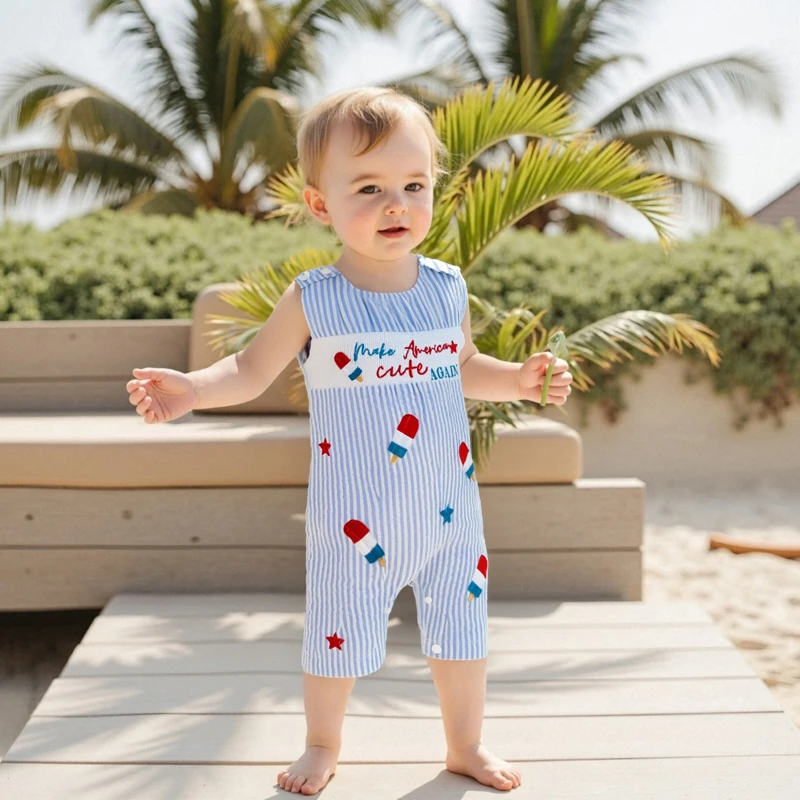 بدلة قفز مخططة للفتيات الصغيرات في الرابع من يوليو بدون أكمام ورقبة دائرية وطباعة مصاصة مع حروف مطرزة #3