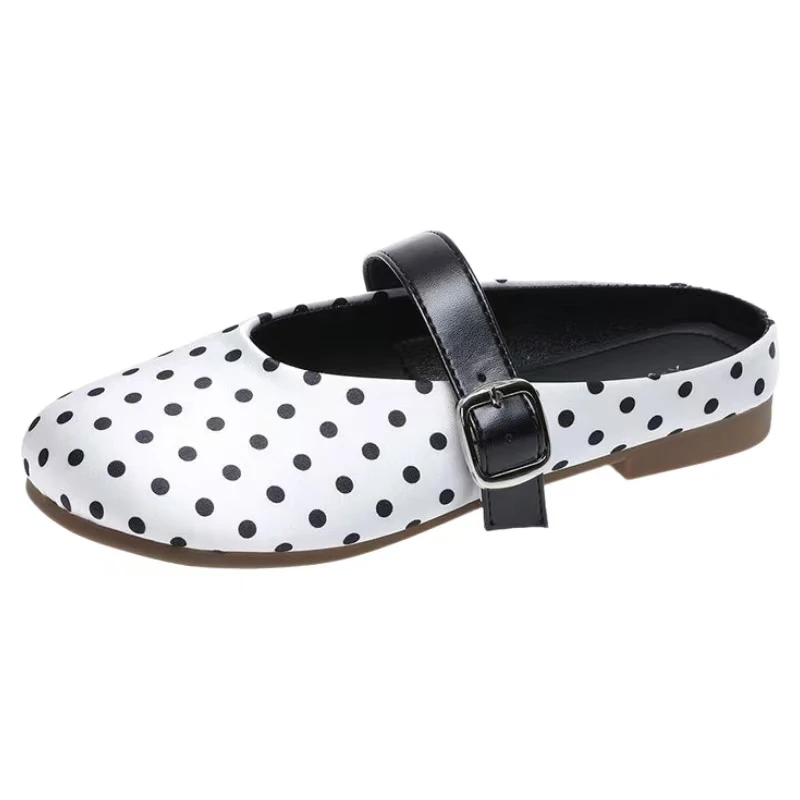 

Women Leather Polka Dot closed Toe Slippers Summer New Soft sole Non Slip Waterproof Fashionable Outdoor Flat Sole Half Slippers