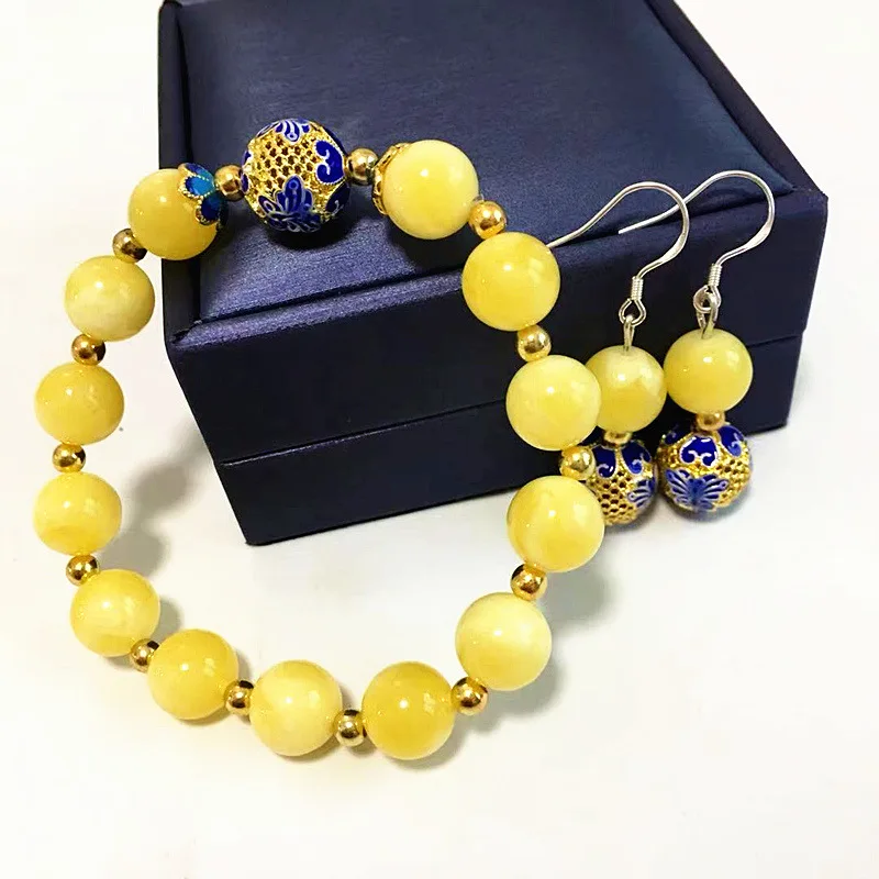 

Natural amber beeswax cloisonne burning blue beads bracelet cloisonne DIY sterling silver accessories beeswax two-piece set