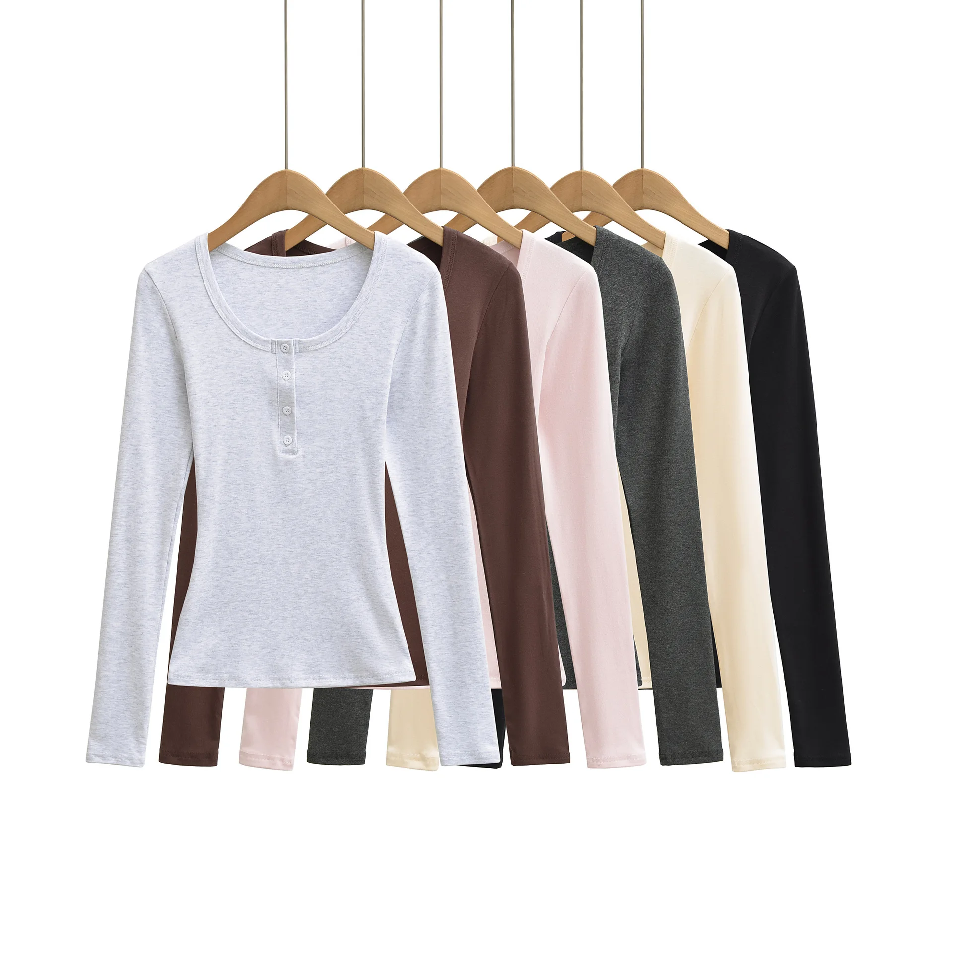 Soft Long Sleeve Top For Women Neck Button Detail Slim Fitted Design Stretchy Daily Wear Perfect Stylish Casual Elegant GQ7W