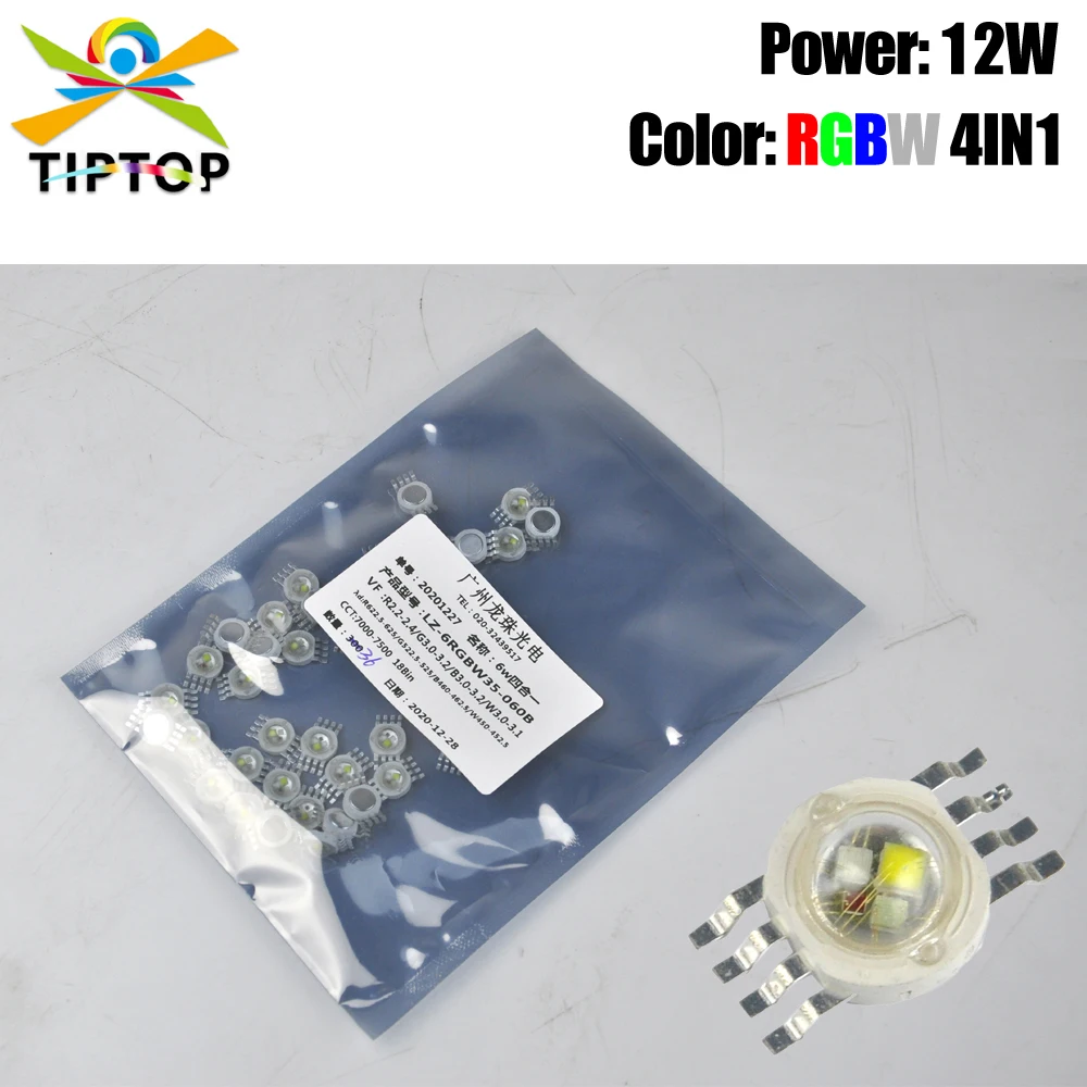 TIPTOP-Lámpara de Chip Led de alta potencia, luz RGBW, 4 en 1, Color 12 W, rojo, verde, azul, blanco, 12 vatios, para luz Par con cabezal móvil, arandela de pared x20