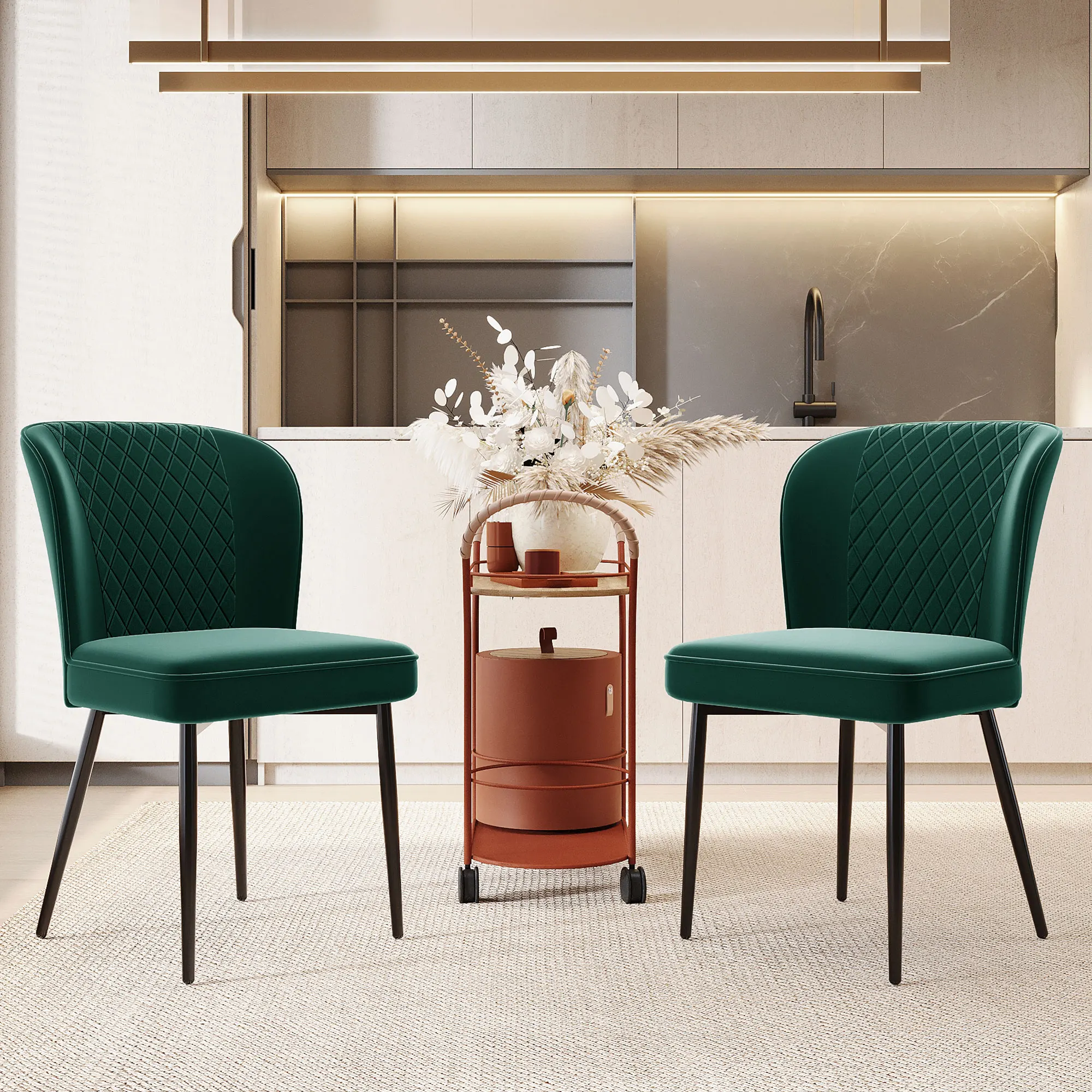 Ensemble de 2 chaises de salle à manger rembourrées en velours, vert foncé, design moderne avec structure en métal, dossier ergonomique, rembourrage en mousse haute densité, polyvalentes pour salon, chambre à coucher, bureau à domicile