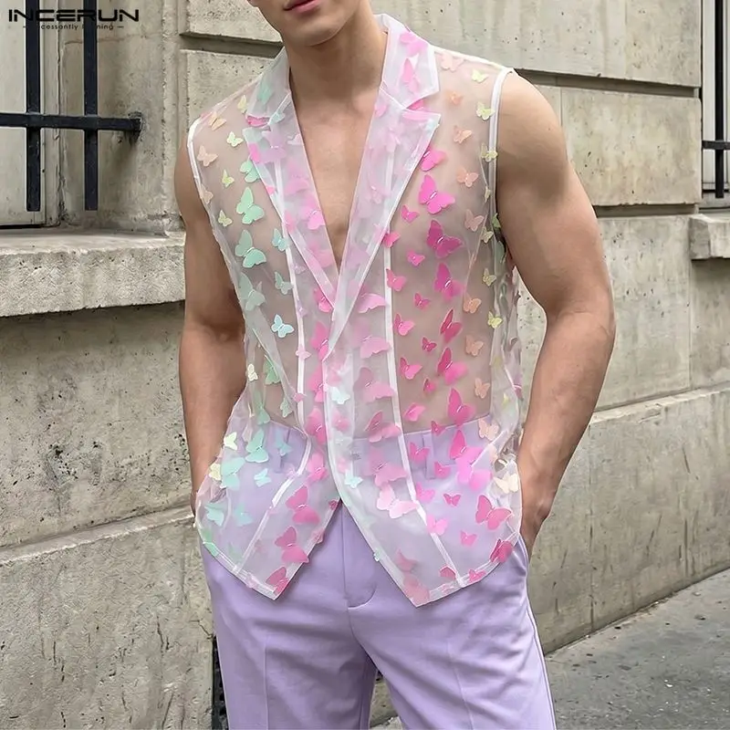 INCERUN Herrenwesten, Patchwork-Netzstoff, durchsichtige Revers, ärmellose Herrenwesten, Streetwear, sexy Mode, Party, Herrenkleidung, Oberteile
