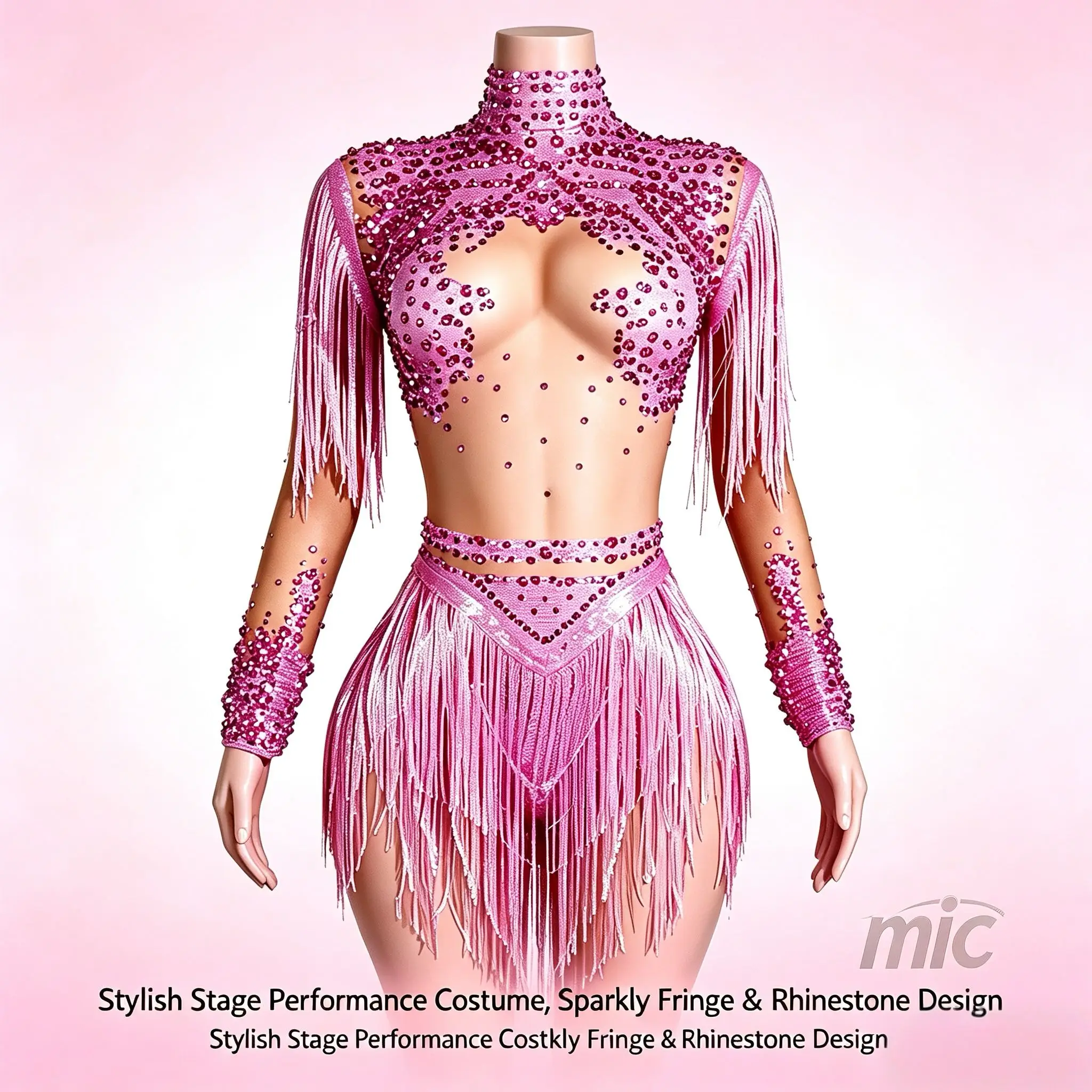 

Women Sexy High Neck Long Sleeve Pink One Piece Fringe Rhinestone Bodysuit Drag Queens Costume Stage Costumes Show Outfits
