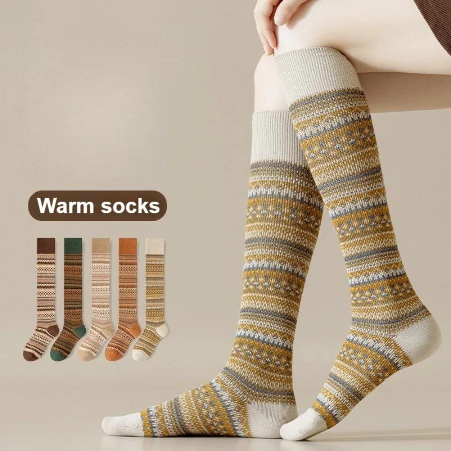 1 زوج من الخريف والشتاء الجوارب الدافئة موجة العجل ، الجوارب الدافئة نمط الرجعية ، جديد عصري مخطط عالية أنبوب جوارب ضغط دافئة #2